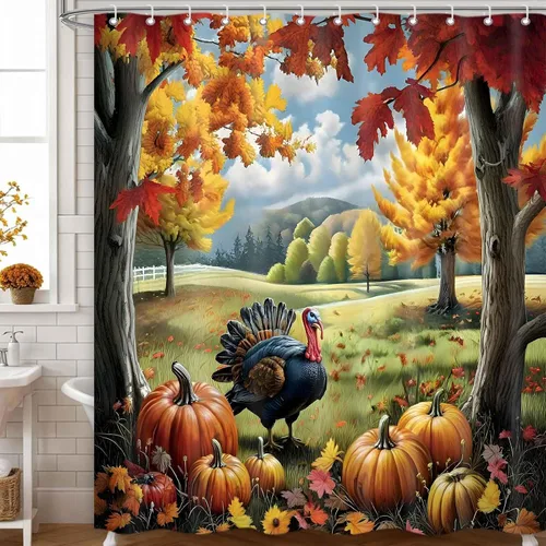 Miniatura 2 de Cortina de ducha de pavo de Acción de Gracias, acuarela, calabaza, hojas de otoño, cosecha, juego de cortinas de baño, tela lavable a máquina, 72 x