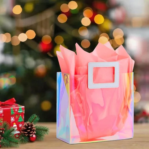 Miniatura 7 de Bolsa de regalo holográfica con papel de seda, reutilizable, bolsa de regalo de cumpleaños para mujeres y niñas, iridiscente, despedida de soltera