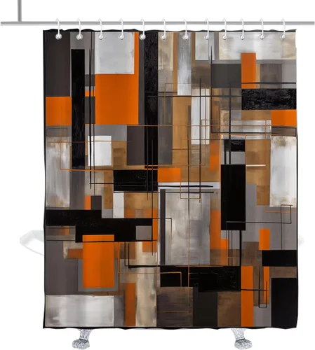 Juego de cortinas de ducha abstractas, color gris, negro, naranja, moderno, geométrico, minimalista, rectangular, cortinas de baño, juegos de