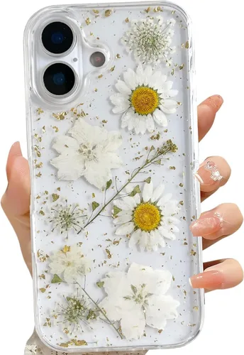 Miniatura 45 de LSEEKA Funda transparente para iPhone 13 Mini/iPhone 12 Mini con diseño de flores reales prensadas, con purpurina, bonito patrón floral blanco, Oro