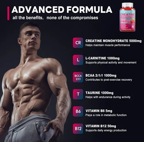 Miniatura 2 de Gomitas de monohidrato de creatina de 8000 mg con BCAA, L-carnitina, taurina y vitamina B12, suplemento preentrenamiento para crecimiento muscular