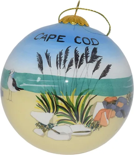 Adorno pintado a mano de Cape Cod Beach & Bird – Decoración de árbol de Navidad colgante de vidrio soplado que muestra escenas costeras de Cape Cod