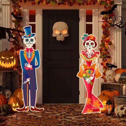 Miniatura 4 de Namalu Paquete de 2 carteles de Día de los Muertos para patio al aire libre, decoraciones de césped con calavera de azúcar con estacas para fiesta