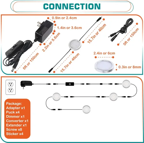 Miniatura 2 de Iluminación debajo del gabinete, kit de luces LED regulables táctiles con adaptador de corriente de 120 V a 12 V CC, lámparas enlazables para luz