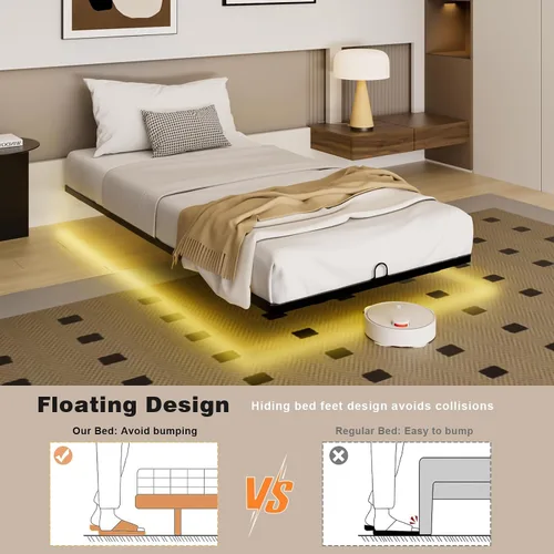 Miniatura 4 de Base de cama flotante tamaño individual, marco de cama individual con luces LED inteligentes, cama de plataforma de metal moderna y resistente
