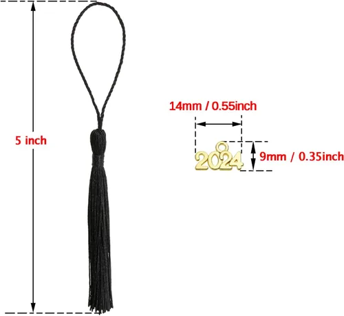 Miniatura 3 de Tupalizy 10 mini borlas sedosas hechas a mano con 20 dijes del año 2024 para graduación, llavero, aretes, joyería, regalos de boda, recuerdos, Negro