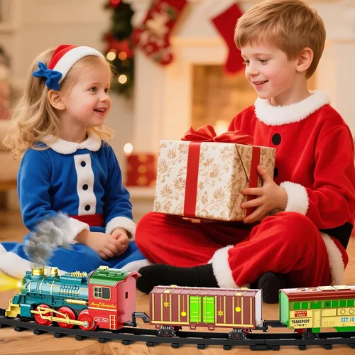 Miniatura 7 de Juego de tren para niños de 4 a 8 años, humo, juego de tren de Navidad con luces de humo y sonido, juguetes eléctricos clásicos para trenes de pista