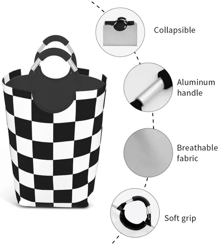 Miniatura 4 de Cesta de ajedrez en blanco y negro con asas, cesta de lavandería a cuadros, organizador de almacenamiento de juguetes, cubo plegable, bolsa de ropa