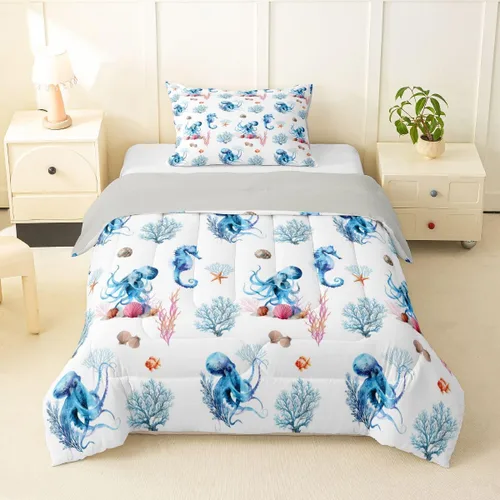 Miniatura 19 de Erosebridal Blue Ocean - Juego de edredón tamaño individual Juego de ropa de cama de ballena delfín y tortuga marina para niños y niñas, juego