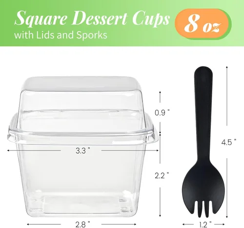 Miniatura 2 de Zezzxu 8 oz Square Dessert Cups with Lids and Spoons, 25 Sets Clear Plastic Cups with Dome Lids & Sporks for Yogurt Parfait, Fruit, Pudding, Cake