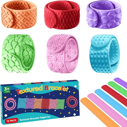 Juguetes sensoriales para ansiedad, pulseras de palmada: 12 piezas de juguetes sensoriales de silicona texturizada para autismo, juguetes