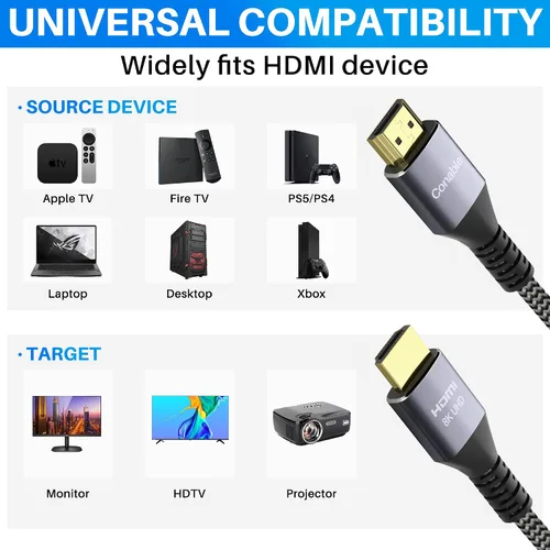 Miniatura 5 de Cable HDMI 2.1 8K de 2 pies, cable HDMI de alta velocidad con certificado real de 48 Gbps, cable trenzado, soporta 10K 8K @60Hz 4K @120Hz, eARC, HDR
