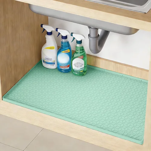 Miniatura 14 de TRZZ Tapete de silicona impermeable para debajo del fregadero de 34 x 22 pulgadas, bandeja de goteo y forro de gabinete para cocina y baño, evita