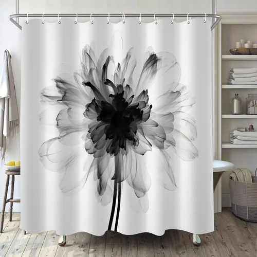 Cortina de ducha negra con flores para el baño, juego de cortina de ducha abstracta en blanco y negro con flores boho, tela de lujo minimalista