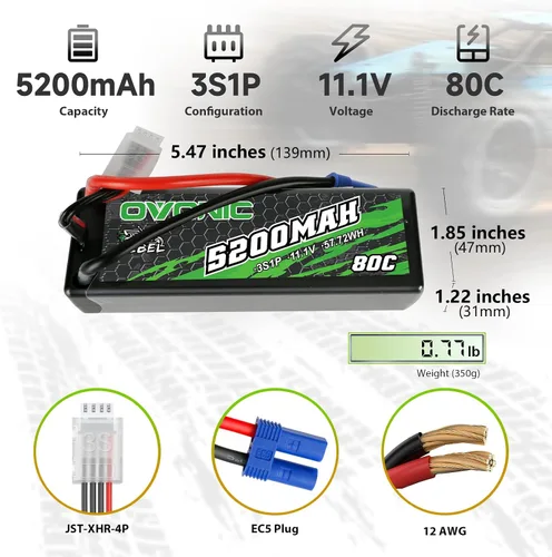 Miniatura 2 de OVONIC Batería Lipo 80C 3S 5200mAh 11.1V con conector EC5 para arrma 1/10, 1/8, 1/7Scale RC coches y camiones Buggy Truggy