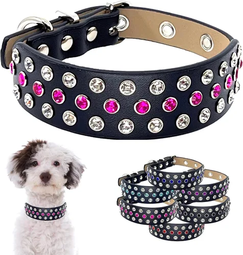 Miniatura 10 de Collar de perro con diamantes de imitación con brillantes piedras aguamarina tachonadas en cuero ancho de microfibra negra, detalles de diseñador