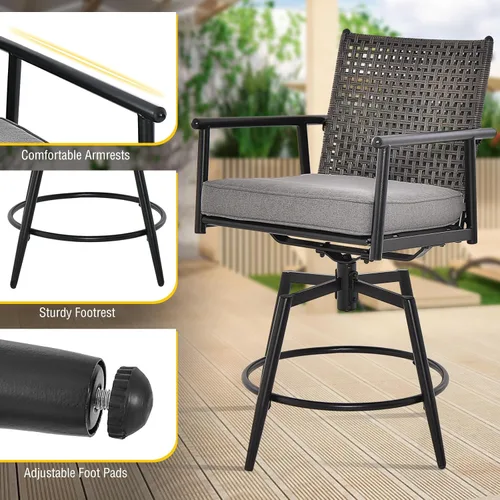 Miniatura 7 de Tangkula Juego de 2 taburetes de bar giratorios para patio, sillas de bar de altura de mostrador para exteriores con respaldo de ratán de Negro