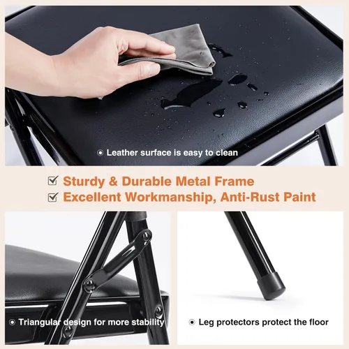 Miniatura 5 de Sweetcrispy Paquete de 16 sillas plegables, acolchadas de cuero, metal resistente, fáciles de usar y almacenar, cómodas, para exteriores e Negro