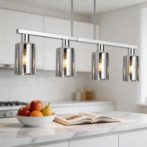 Iluminación de isla de cocina de 4 luces, lámpara cromada para comedor, luz de isla para colgar sobre la mesa para candelabros lineales de granja,