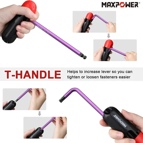 Miniatura 6 de MAXPOWER - Juegos de llaves Allen, juego de llaves Allen de 27 piezas incluye SAE (1/6-3/8"), métrico (1.5-10mm), Torx (T10-T50), juego de llaves