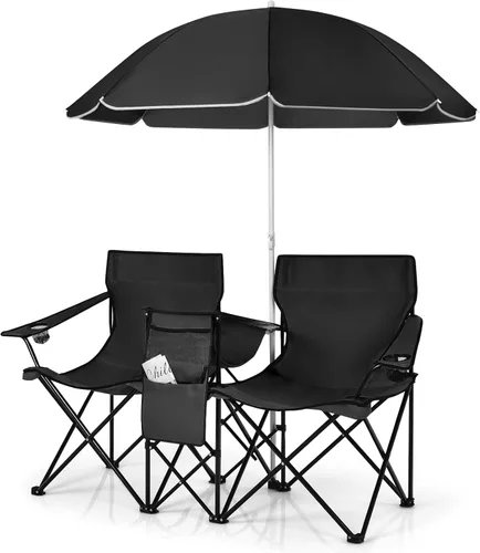Miniatura 12 de LDAILY LUARANE - Silla plegable doble para campamento, sillas de picnic al aire libre con paraguas extraíble, mini mesa, portavasos y bolsa de Azul