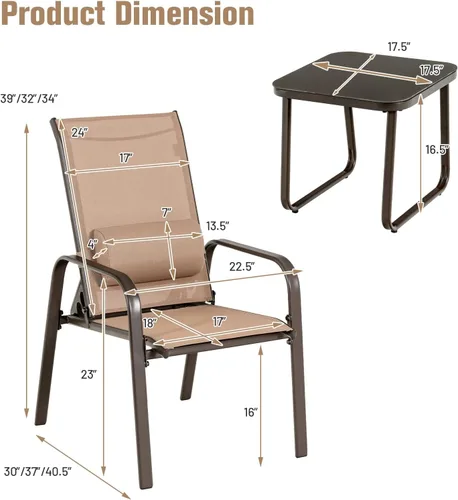 Miniatura 5 de Tangkula Juego de bistró para exteriores, 3 sillas reclinables apilables para patio con respaldo ajustable y plegable, reposacabezas extraíbles