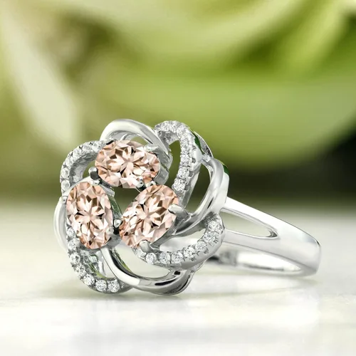 Miniatura 90 de Gem Stone King Flower Blossom Gemstone Birthstone Ring in 925 Sterling Silver 3-Stone Oval 6X4MM with Sparkling Accents Wedding Anniversary
