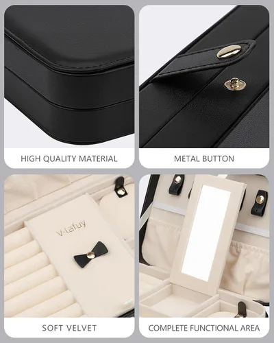 Miniatura 3 de Joyero pequeño, joyero de viaje portátil para mujer, mini organizador de viaje de 2 capas, regalo para mujeres y niñas, negro A