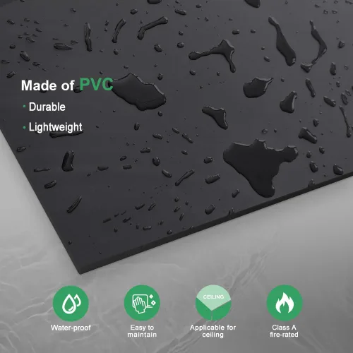 Miniatura 8 de Baldosa de Techo Suspendido Negra Lisa de 2 pies x 2 pies, Panel de Techo de PVC – Impermeable, Lavable y Resistente al Fuego - PVC de Alta Calidad