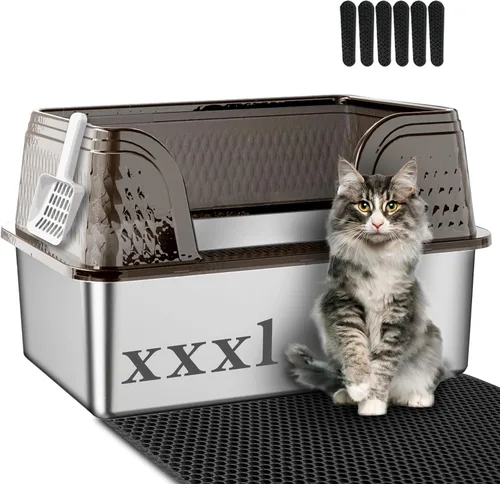 Miniatura 9 de Suhaco Caja extra grande de arena para gatos de acero inoxidable con tapa XXL Cajas de arena para gatos con lados altos incluidas Alfombrilla