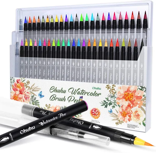 Rotuladores Profesionales de Acuarela con Pincel 48 Colores de Ohuhu, Marcadores de Dibujo a Base de Agua con Pluma Acuática Mezcladora, Solubles en