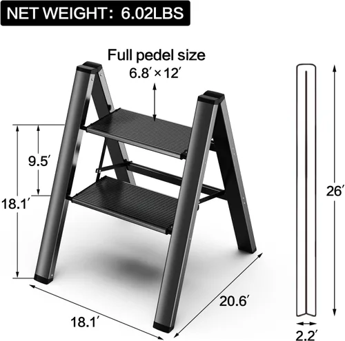 Miniatura 5 de Escalera de 2 escalones, taburete plegable de aluminio de 2 escalones con pedal antideslizante resistente y ancho, escalera portátil ligera para uso