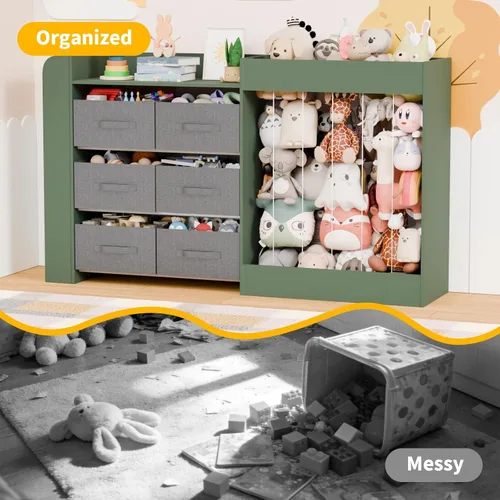 Miniatura 7 de Organizador de almacenamiento de juguetes de 61 pulgadas de ancho con 6 contenedores de almacenamiento, estantería de 3 niveles para niños y soporte