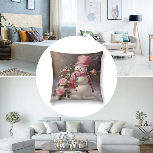 Miniatura 5 de Funda de cojín de muñeco de nieve con rosas rosadas, bufanda y sombrero, funda de almohada para cama, decoración moderna para sofá, dormitorio, sala