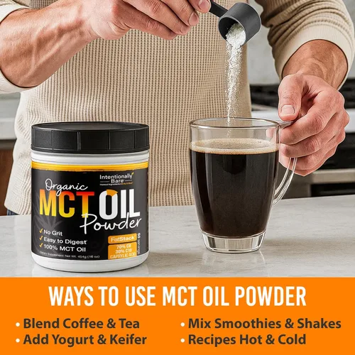 Miniatura 6 de Intentionally Bare Aceite orgánico MCT en polvo - 70% C8 y 30% C10 - Crema de café MCT con fibra prebiótica - Polvo de aceite de coco para energía