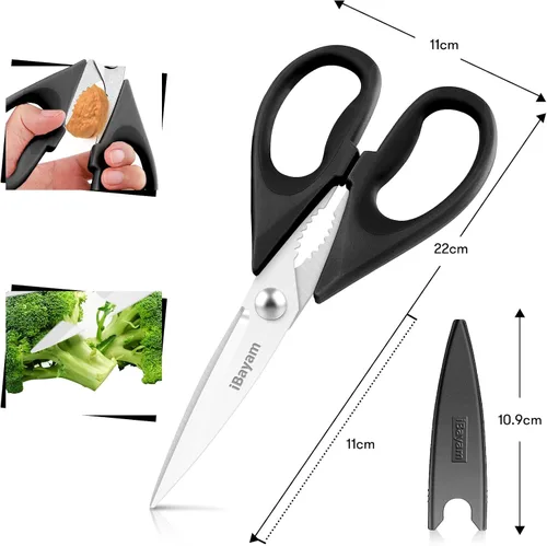 Miniatura 3 de iBayam Tijeras de cocina multiusos con funda protectora, tijeras de acero inoxidable duraderas, aptas para lavavajillas, mango cómodo de agarre suave