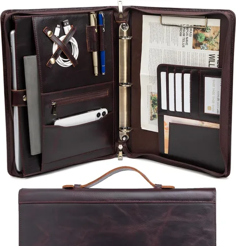 Miniatura 19 de Carpeta de 3 anillos de cuero genuino con portapapeles, mango oculto, portafolio con cremallera de 8.5 x 11 pulgadas, organizador de negocios, folio