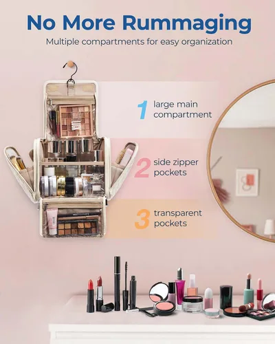 Miniatura 2 de BAGSMART Neceser de viaje para maquillaje con gancho para colgar, bolsa de cosméticos, organizador de gran capacidad, resistente al agua, para Beige