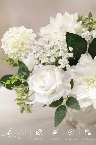Miniatura 3 de Ling's moment Caja de Flores Falsas, Tallos de Vegetación Artificial Falsa Rosas de Espuma Dalias de Seda Hojas de Rosa Flor de Tela para Centros
