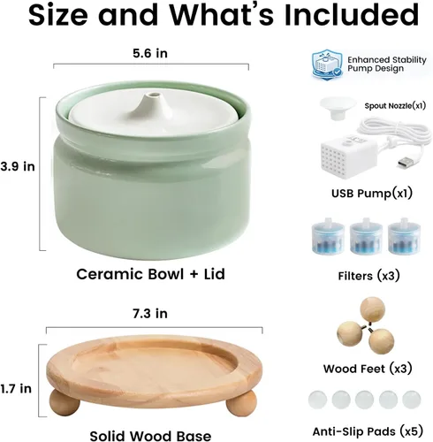 Miniatura 9 de Fuente de agua de cerámica para gatos, fuente automática para beber mascotas de 1 litro/32 onzas, bomba silenciosa alimentada por USB, triple Verde