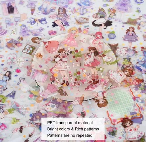 Miniatura 3 de 100 hojas de kit de calcomanías de chicas kawaii para diario - Lindas calcomanías de dibujos animados transparentes PET para álbumes de recortes