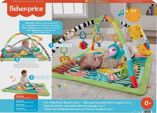 Miniatura 8 de Fisher-Price Alfombra de juego para bebé, 3 en 1, diseño de selva tropical, gimnasio sensorial con música y luces, cuña de abdomen y 5 juguetes