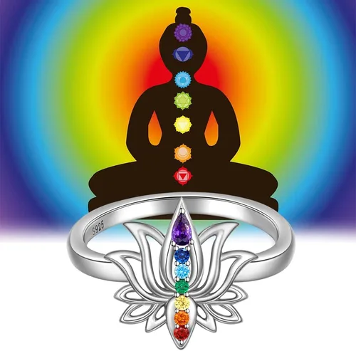 Miniatura 4 de Anillo de chakras de loto para mujer, yoga, chakras, cristal de plata de ley, flor de loto, equilibrio energético, chakras, joyería de meditación