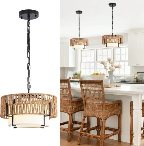 Lámpara Colgante de Ratán, Candelabro Boho de 12.6" con Pantalla de Tela, Lámpara Colgante Estilo Granja Candelabro para Comedor, Sala de Estar,