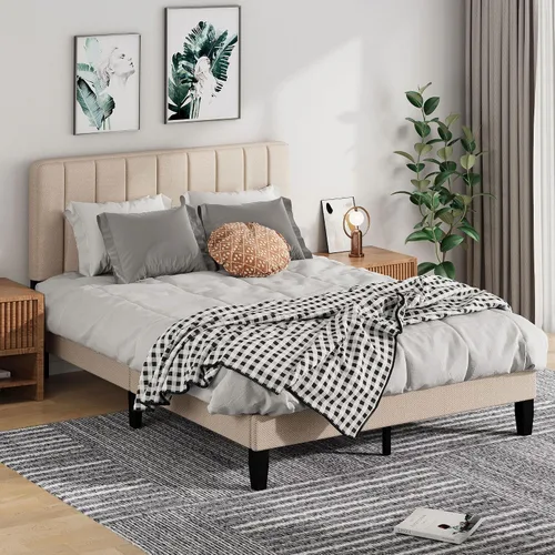 Miniatura 3 de Base de cama tamaño Queen con cabecera tapizada, base de cama de plataforma con cabecera suave de lino de altura ajustable, 10 piezas de soporte