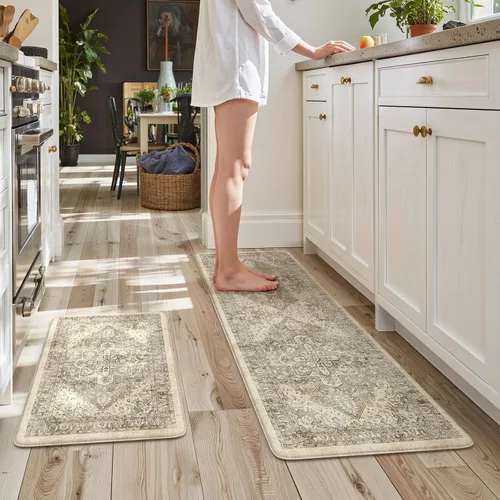 Miniatura 31 de KIMODE Alfombra de Cocina Antifatiga 2 Piezas, Alfombras de Cocina Antideslizantes e Impermeables, Alfombra de Cocina de Estilo Rústico en Gris