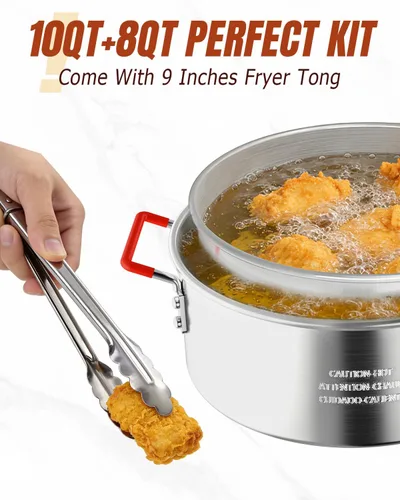 Miniatura 3 de Freidora de pescado de aluminio de 10 cuartos con cesta, freidora con tapa, termómetro, pinzas para freidora y mango de fácil agarre para cocinar