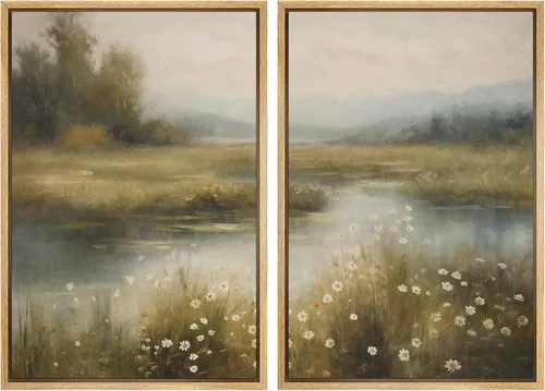 SIGNWIN Lienzo enmarcado para pared, juego de arte sereno de paisaje de pantanos, ilustración rústica, arte moderno, minimalismo, decorativo para