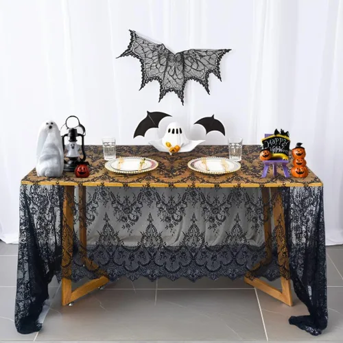 Miniatura 12 de Pardecor Mantel rectangular de encaje bordado negro de 60 x 120 pulgadas, elegante decoración de mesa de cumpleaños, mantel de encaje floral, mantel