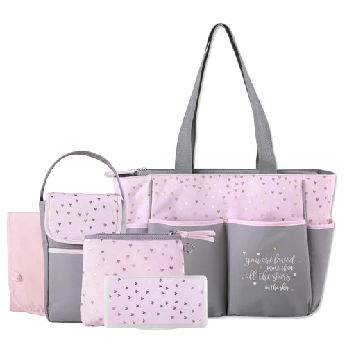 Miniatura 9 de Baby Essentials Juego de 5 bolsas para pañales con sol, luna y estrellas, bolsillo para toallitas, bolsa para pañales sucios, cambiador Gris/ agua